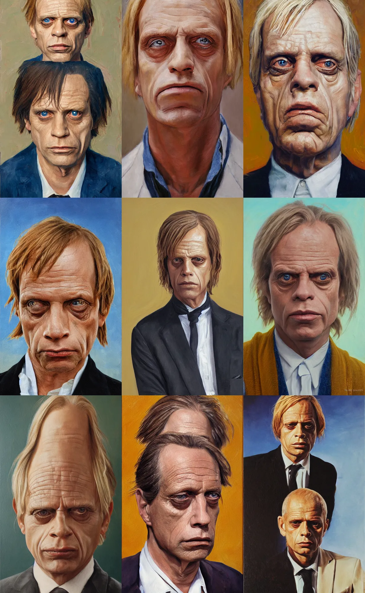 Prompt: of an ultra detailed full head portrait painting of klaus kinski, front view, oil painting, by wes anderson