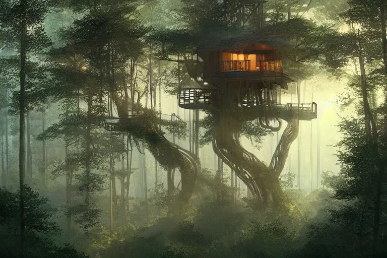 Prompt: treehouse in deep forest with lights, mist, morning light by Moebius and james gurney, trending on artstation