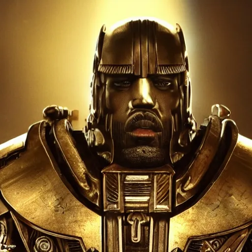 Image similar to Kanye West as the emperor of humanity from warhammer 40k in Gears of War, splash art, movie still, cinematic lighting, detailed face, face, dramatic, octane render, long lens, shallow depth of field, bokeh, anamorphic lens flare, 8k, hyper detailed, 35mm film grain