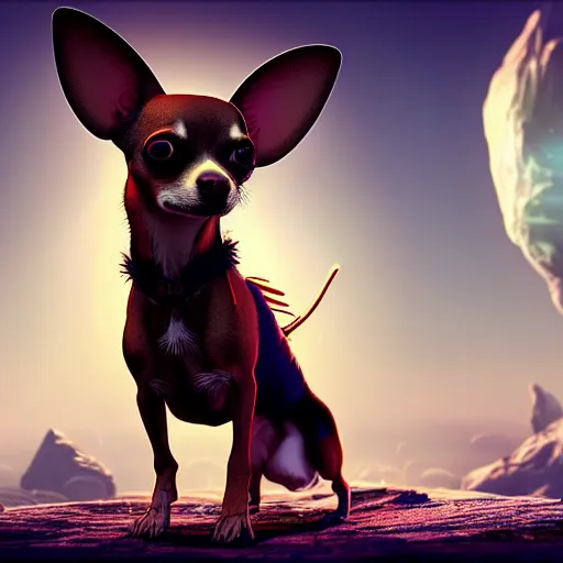 Image similar to humanoid chihuahua living in an extradimensional reality where it is a god, in the style of wlop, illustration, epic, fantasy, hyper detailed, smooth, unreal engine, sharp focus, ray tracing, physically based rendering, renderman, beautiful