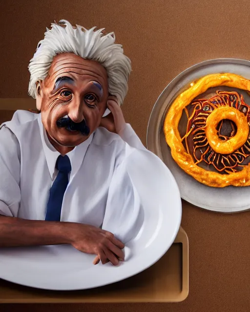 Prompt: a portrait of albert einstein sitting at the dining table with a plate containing jalebi in front of him, highly detailed, trending on artstation, bokeh, 9 0 mm, f / 1. 4