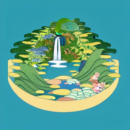 Prompt: 3d isometric botanical illustration of a waterfall with miniature boats in a circular landscale, diego rivera in Ukiyo-e style, HD