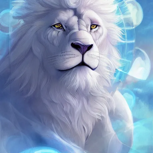 Image similar to aesthetic portrait commission of a albino male furry anthro lion floating inside a floating soap bubble in a blue cloudy sky with clouds orbiting the bubble like a planet, minimalistic art, hyperdetailed. Character design by charlie bowater, ross tran, artgerm, and makoto shinkai, detailed, inked, western comic book art, 2021 award winning painting