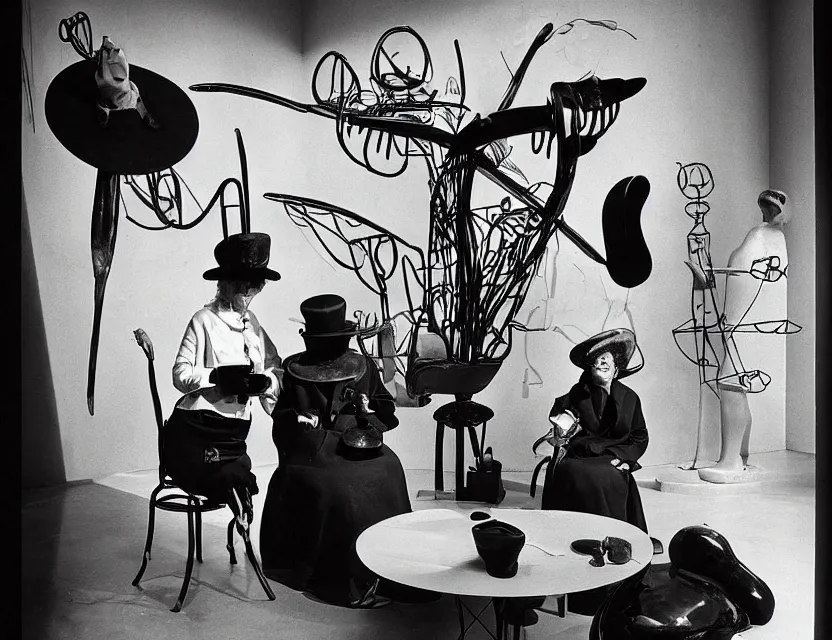 Prompt: a sculpture installation painted as a strange dusty professor in black suite and hat and a old woman making a study of drinking ten cups of black coffee in five seconds in a kitchen that is melting dali, styled by jean tinguely and niki de saint phalle