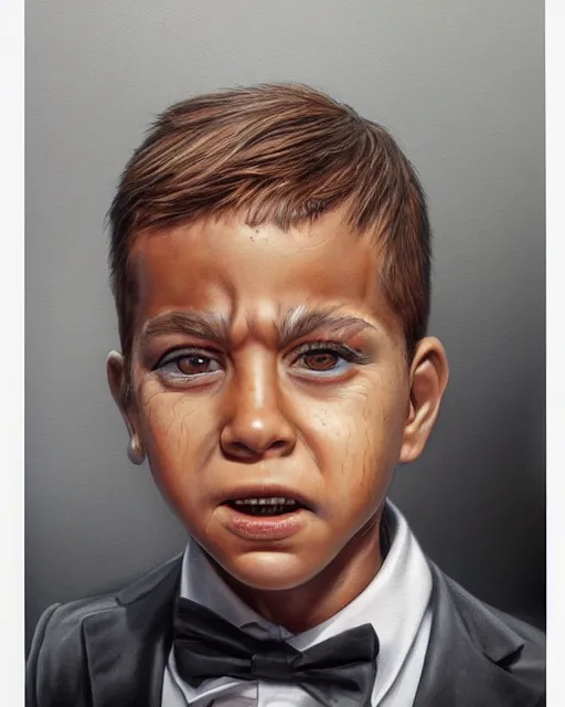 Prompt: portrait of a 7 year old child crime boss, gritty, wearing a suit, smoking, very detailed eyes, hyperrealistic, very detailed painting by Glenn Fabry, by Joao Ruas, by Artgerm