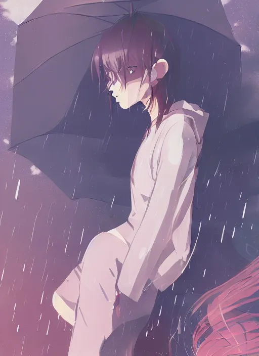 Prompt: listening to music at 2 am, pretty face, pretty body, pose, rain, lofi, lofi, peaceful, street light, anime key visual, poster, anime, by wlop, high quality, 4 k, trending, trending on artstation