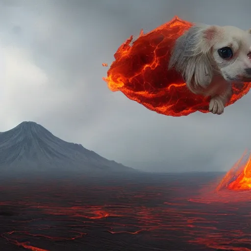 Prompt: white chihuahua made of smoke, lava and fire flying in the sky ; white chihuahua flying in the sky ; white chihuahua flying in the sky ; dmt entity ; lsd art, trending on artstation, style greg rutkowski