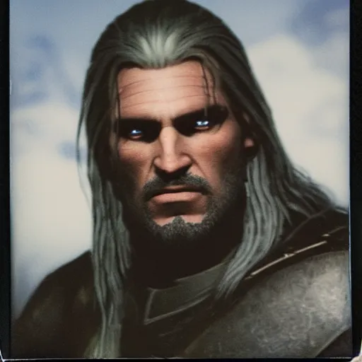 Prompt: polaroid of geralt of rivia face shot by Tarkovsky