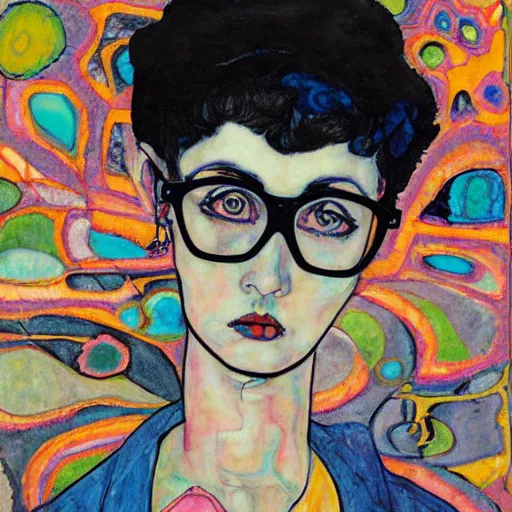 Prompt: egon schiele + holly warbs short black asymetrical long pixie haircut and round thin elegant blue frame glasses teen girl, black lace dress, in a colorful and bright trippy victor moscoso room. colorful lsd.