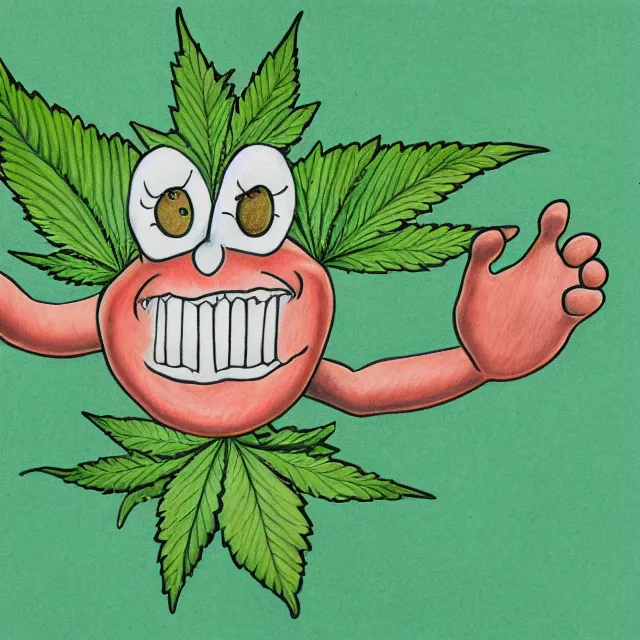 Image similar to cannabis leaf with a smiling face and arms and legs cartoon, colored pencil illustration