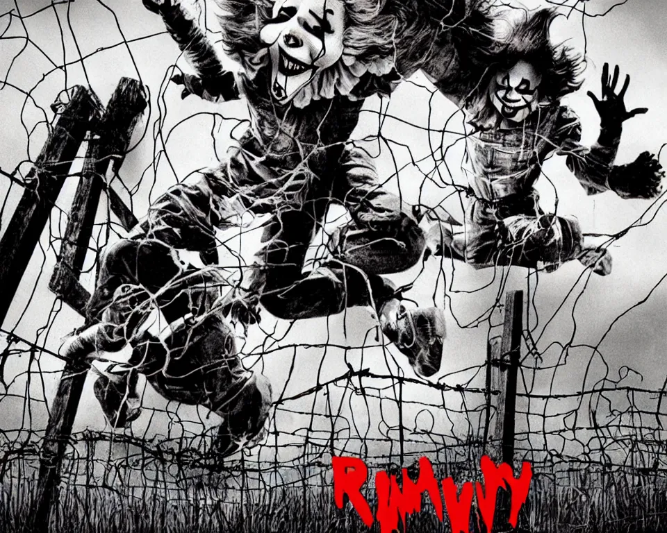 Image similar to a horror movie poster featuring a raidioactive Pennywise jumping through a electric fence