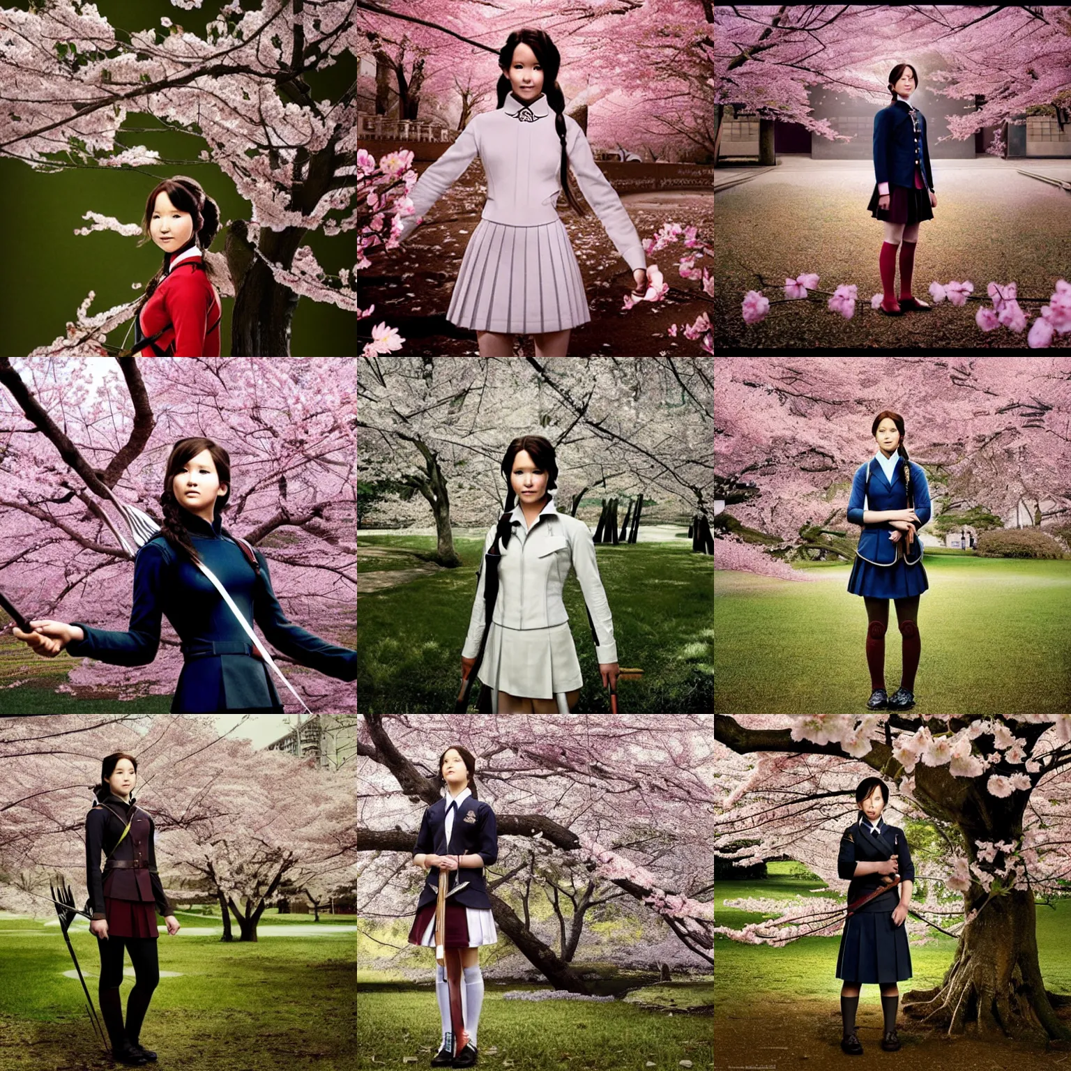 Prompt: Katniss Everdeen as a Japanese schoolgirl, wearing a school uniform, standing under a Japanese cherry blossom tree, photo by Annie Leibovitz