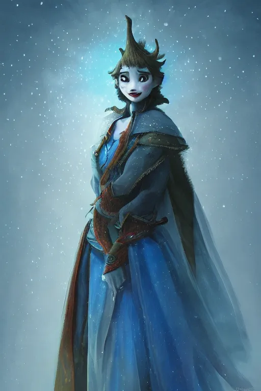 Image similar to frozen jester clown mage wizard, eyes glowing blue, heavenly stars in the background, is at dawn and bluish, fantasy, intricate, elegant, digital painting, highly detailed, artstation, sharp focus, illustration, concept art, ruan jia, steve mccurry
