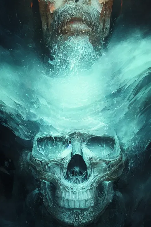 Image similar to atlantis skull, close - up portrait, powerfull, intricate, elegant, volumetric lighting, scenery, digital painting, highly detailed, artstation, sharp focus, illustration, concept art, ruan jia, steve mccurry