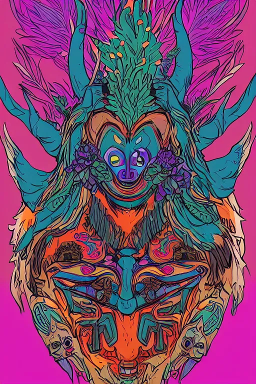 Image similar to animal mask totem roots flower tribal feather gemstone plant wood rock shaman vodoo video game vector cutout illustration vivid multicolor borderlands comics by josan gonzales and dan mumford radiating a glowing aura