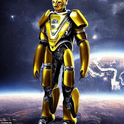 Image similar to humanoid with lion features in futuristic space armor with force fields, yellow eyes, teeth that protrude past the lower lip and fine grayish fur on their faces and backs of their hands and carrying weapons, octane,