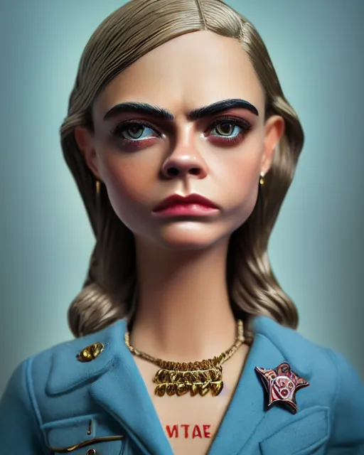 Image similar to closeup face profile portrait of cara delevingne as a tin toy fbi agent, bikini, depth of field, zeiss lens, detailed and intricate environment, fashion photoshoot by nicoletta ceccoli, mark ryden, lostfish, breathtaking, 8 k resolution, artistic, hyperrealistic, octane render
