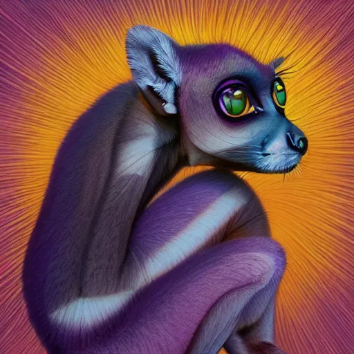 Image similar to Geometric symmetrical purple lemur, sun in the background, intricate, elegant, highly detailed, digital painting, artstation, concept art, smooth, sharp focus, illustration, art by artgerm