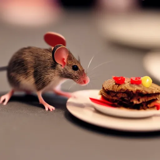 Prompt: macro photo of a mouse in a miniature fancy restaurant