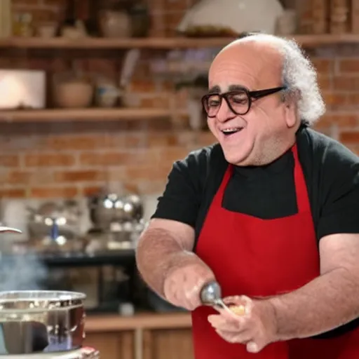 Prompt: danny devito baking a cake on the great british bake off