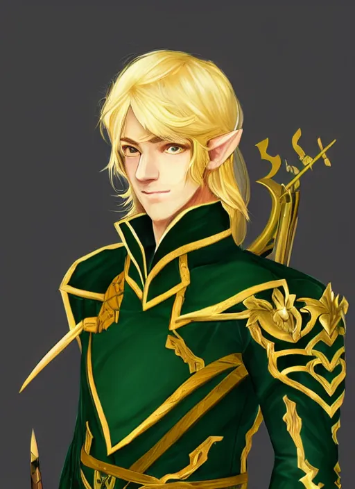 Prompt: Half-body portrait of a handsome blonde elven ranger in green and gold jacket with a crossbow. In style of Hyung-tae Kim, concept art, trending on ArtStation, Korean MMORPG.