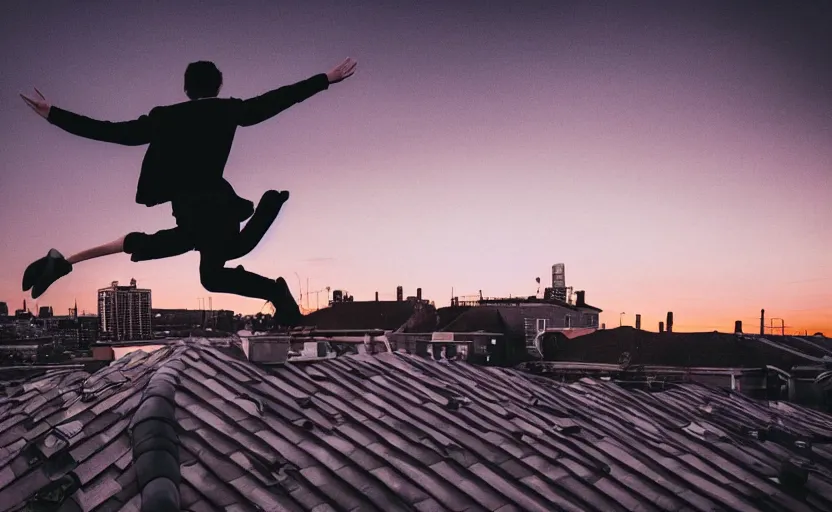 Image similar to sideways landscape photo of person jumping on the roofs, high contrast, moody sunset, late night, blurry photo, sharp focus, digital art, smooth