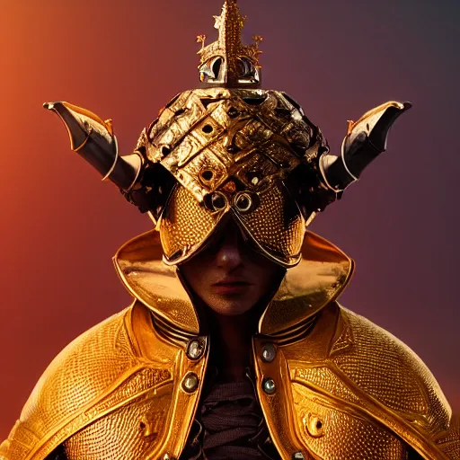 Image similar to a highly detailed knight in a T golden helmet and a golden crown with a blue diamond in the center, golden armor, leather clothes under the armor, leather gloves, holds a black sword, artstation, DeviantArt, professional, octane render, sunset lighting