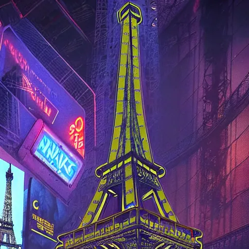 Prompt: A beautiful intricate 8K award-winning ground-level cinematic movie photograph of the future destroyed and decaying Eiffel Tower, surrounded by neon and broken corporate video billboard displays. in the year 2050, by Bruno Delbonnel and greg rutkowski. Arri Alexa 65, IMAX 70mm footage. Dirty billboards. Cinematic lighting