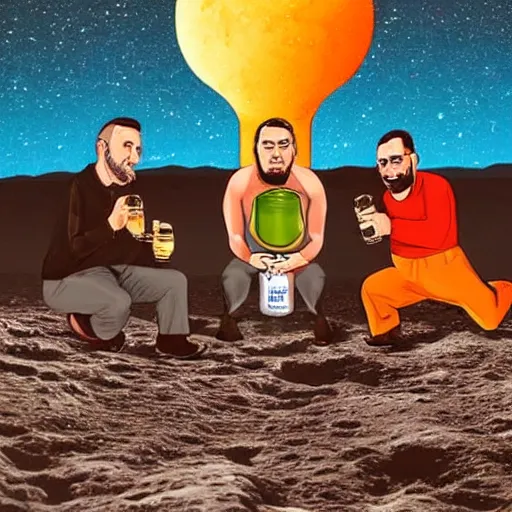 Image similar to 3 men drinking a beer on the moon as the earth explodes in the background