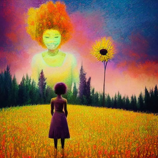 Prompt: large flowers afro, girl standing in a field with flowers, surreal photography, hills, big trees, sunrise dramatic light, impressionist painting, colorful clouds, digital painting, pointillism, artstation, simon stalenhag