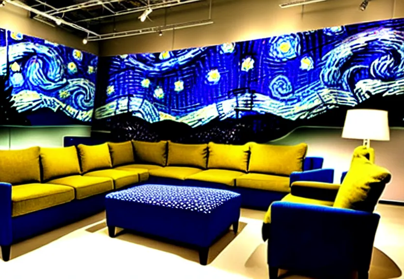 Prompt: a photograph of an ikea showroom, with couches that have starry night visuals in the pillows