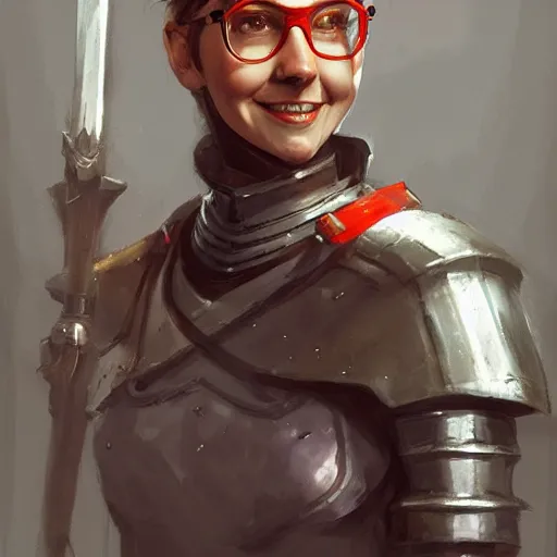 Prompt: gordon freeman as an attractive young smiling woman dressed as a knight, hd shot, digital portrait, beautiful, artstation, comic style, by artgerm, guy denning, jakub rozalski and charlie bowater