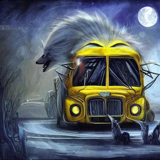 Image similar to Wolfbus - transformer hybrid of bus and wolf, having cabin in form of wolf head with big yellow eyes looking at us full of rage and long mechanical body - it is bus with wheels and windows, mechanical form of life, oil on canvas, fantasy, magic, dream, perfect composition, symmetric, digital painting, concept art, smooth, sharp focus, illustration, artstation trending, octane render, unreal engine, anime style, cyberpunk