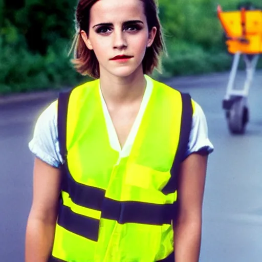 Prompt: photo, close up, emma watson in a hi vis vest, pouring asphalt, portrait, kodak gold 2 0 0,