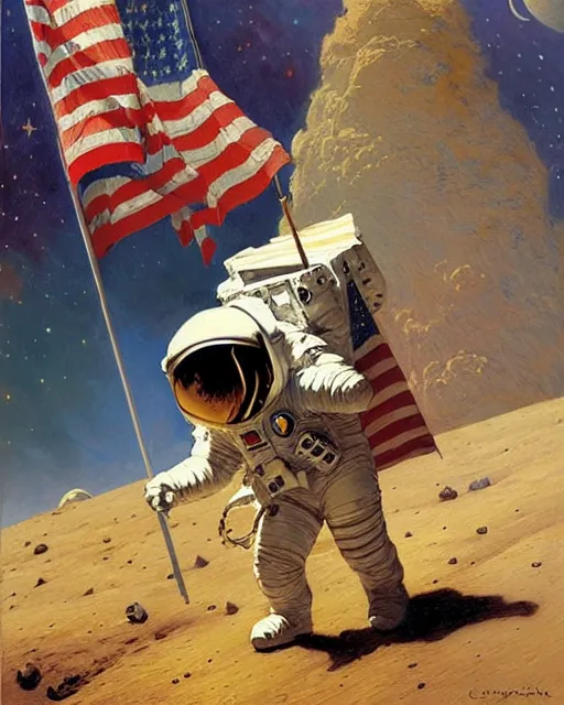 Image similar to handsome astronaut plants a flag on the moon, painting by gaston bussiere, craig mullins, j. c. leyendecker