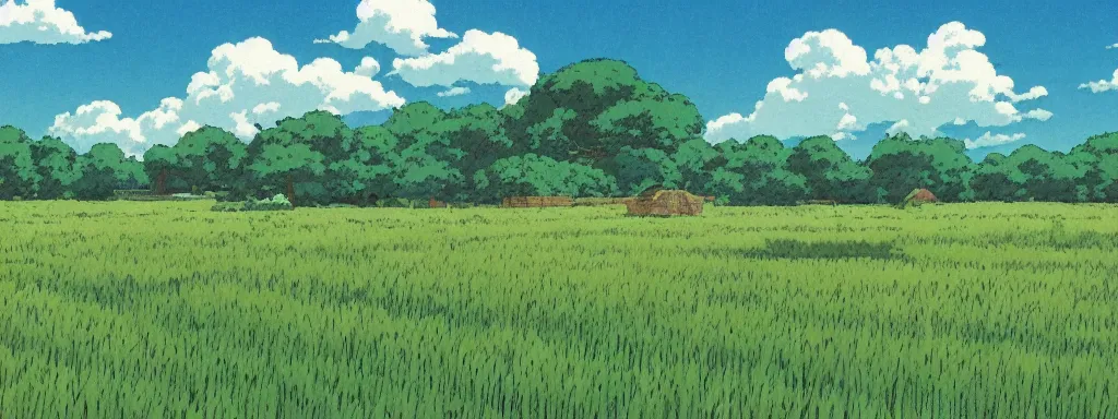 Prompt: wheat farm field, landscape, very detailed, art by Studio Ghibli