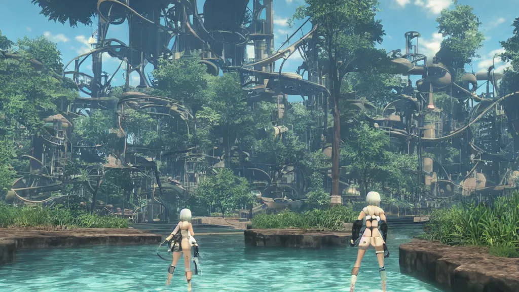 Prompt: Screenshot from Nier Automata, beautiful landscape at a water park