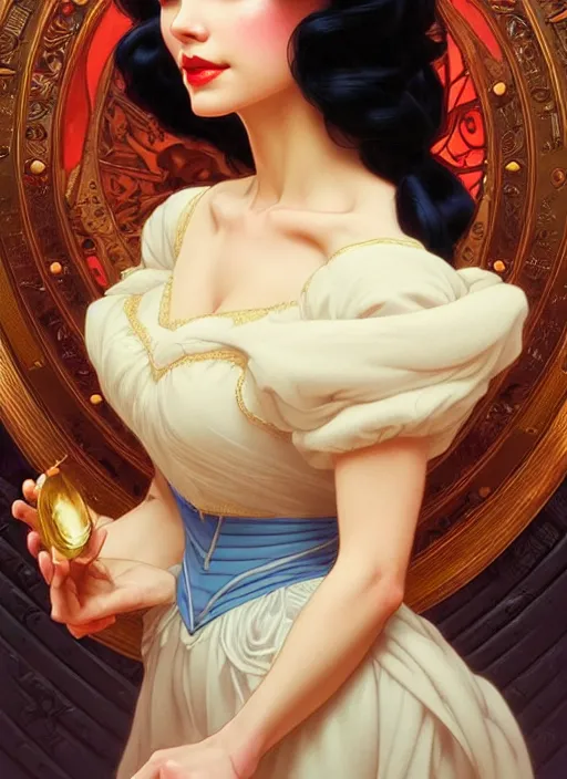 Image similar to portrait of disney snow white, intricate, elegant, highly detailed, my rendition, digital painting, artstation, concept art, smooth, sharp focus, illustration, art by artgerm and greg rutkowski and alphonse mucha and uang guangjian and gil elvgren and sachin teng, symmetry!!