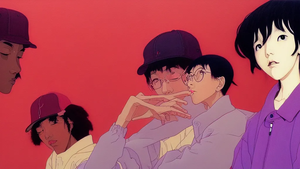 Prompt: lo fi hiphop aesthetics beautiful view painting by moebius and satoshi kon and dirk dzimirsky close - up portrait