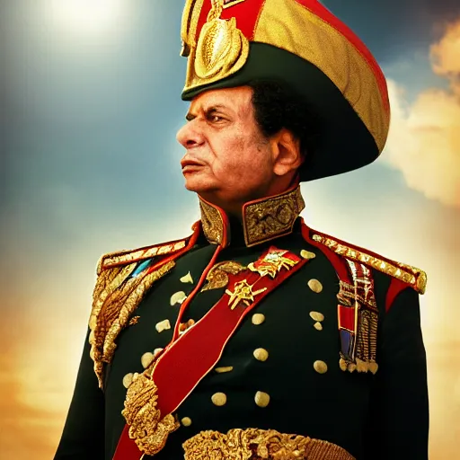 Image similar to portrait of muammar kadhafi as emperor napoleon in fallout, splash art, movie still, detailed face, cinematic lighting, dramatic, octane render, long lens, shallow depth of field, bokeh, anamorphic lens flare, 8 k, hyper detailed, 3 5 mm film grain