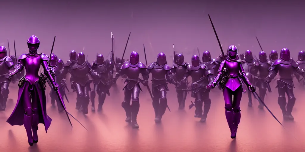 Image similar to painting of lady in purple leading an army of riding knights, hyper - realistic, unreal engine, octane render, digital art, trending on artstation, 8 k, detailed, atmospheric, immaculate