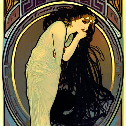 Image similar to Illustration by Alphonse Mucha of a female vampire