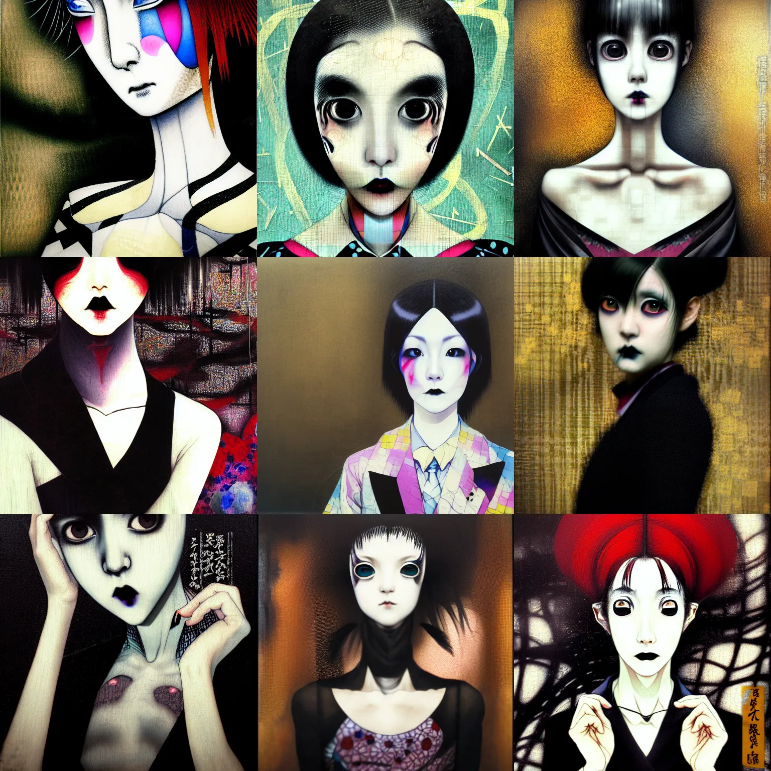 Image similar to yoshitaka amano blurred and dreamy realistic three quarter angle portrait of a young woman with black lipstick and black eyes wearing dress suit with tie, junji ito abstract patterns in the background, satoshi kon anime, noisy film grain effect, highly detailed, renaissance oil painting, weird portrait angle, blurred lost edges