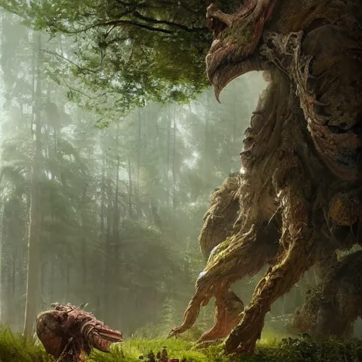 Image similar to a giant creature toweringover the forest, 8 k octane beautifully detailed render, post - processing, extremely hyper - detailed, intricate, epic composition, cinematic lighting, masterpiece, trending on artstation, masterpiece, stunning art by anders zorn, wonderful masterpiece by greg rutkowski, beautiful cinematic