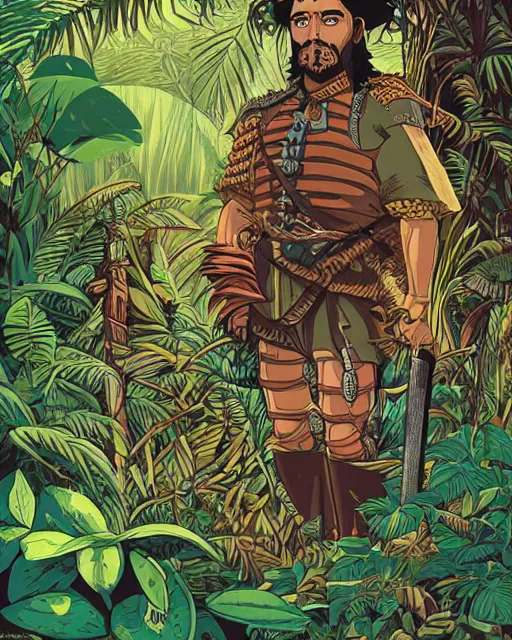 Image similar to portrait of barbaric spanish conquistador in a dense jungle, symmetrical, by yoichi hatakenaka, studio ghibli and dan mumford