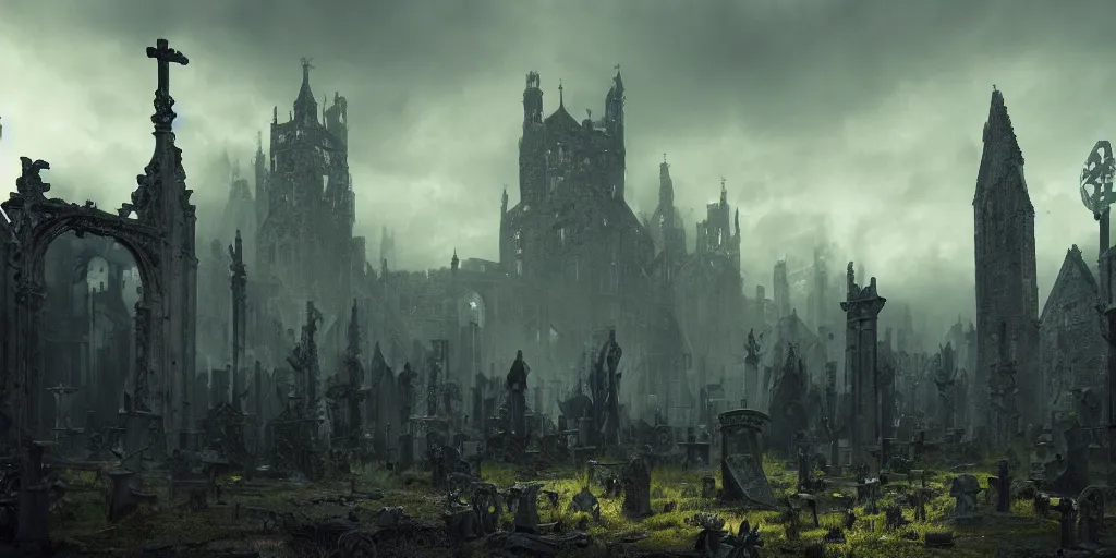 Prompt: A fancy landscape of a Medieval Graveyard by Greg Rutkowski, Sung Choi, Mitchell Mohrhauser, Maciej Kuciara, Johnson Ting, Maxim Verehin, Bloodborne, 8k photorealistic, volumetric lighting, HD, high details, dramatic, dark atmosphere, trending on artstation