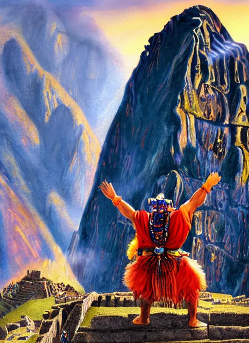 Image similar to a painting of an incan shaman doing a prayer to the sun on the machu picchu with arms up,, matte painting, fantasy art, hyper detailed, concept art