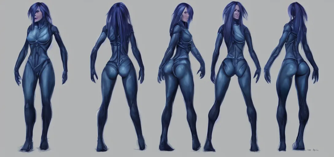 Image similar to character sheet concept art of cortana, realistic, hyper realistic, photographic