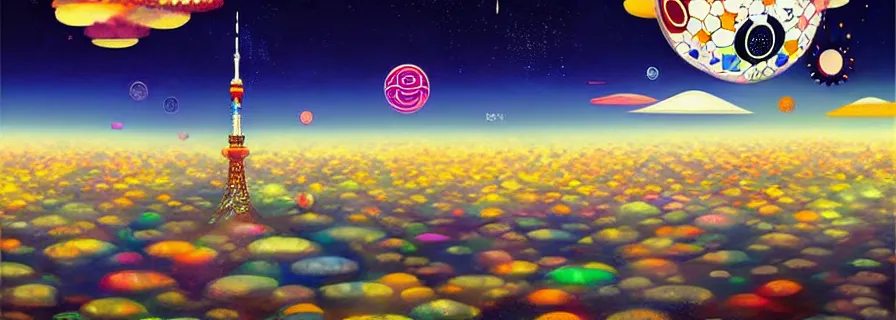 Image similar to tokyo sky by takashi murakami,, beeple and james jean, aya takano color style, 4 k, super detailed, night sky, digital art, digital painting, celestial, majestic, colorful