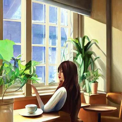 Prompt: a cozy cute cafe with tables, a big window and plants, a young pretty thin filipino woman with long hair sits with an espresso, golden morning light, dramatic light, happy cozy feelings, oil painting trending on artstation